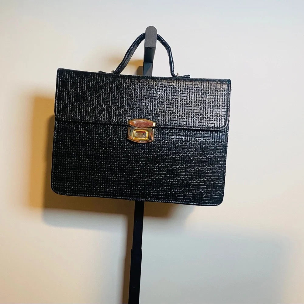 Vintage Black Woven Texture Briefcase W Gold Brass Closure